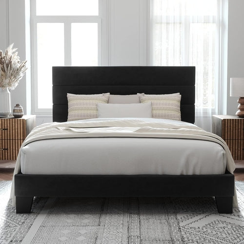 Black Velvet Queen Platform Bed Easy Assembly No Box Spring