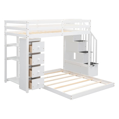 Twin Over Full Bunk Bed with 3-layer Shelves, Drawers and Storage