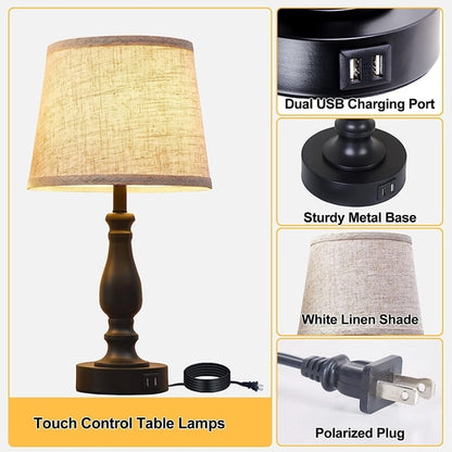 Bedside Table Lamps Set Of 2 With USB Ports And Dimmable