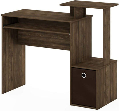 Walnut Compact Desk With Keyboard Tray And Shelves