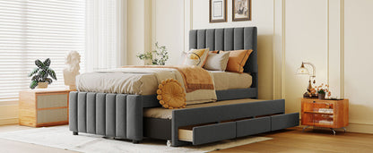 Upholstered Platform Bed with Trundle and 3 Drawers, Linen Fabric