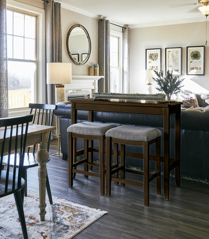 Perfecto Espresso Finish Sofa table with Two Bar Stools