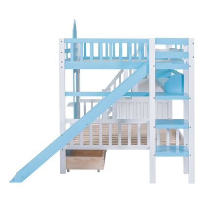 Full-Over-Full Castle Style Bunk Bed with 2 Drawers, 3 Shelves and