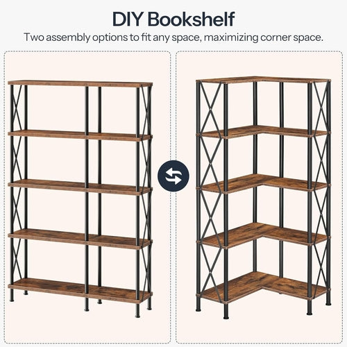 Corner Bookshelf 5-Tier L-Shaped Industrial Bookcase In Rustic Brown
