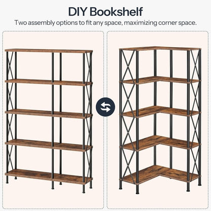 Corner Bookshelf 5-Tier L-Shaped Industrial Bookcase In Rustic Brown