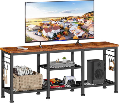Rustic Brown TV Stand For 55 Inch With Open Storage Shelves