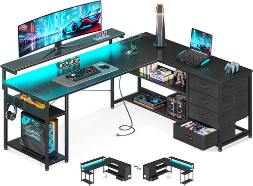 61 Inch L Shaped Desk With Power Outlets For Home Office
