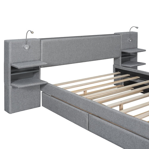 Queen Size Upholstered Platform Bed with Reading Lights, Drawers,