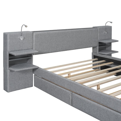 Queen Size Upholstered Platform Bed with Reading Lights, Drawers,