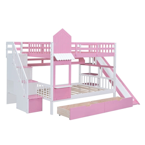 Full-Over-Full Castle Style Bunk Bed with 2 Drawers, 3 Shelves and