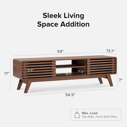 59 Inch Walnut TV Stand Mid Century Modern Console