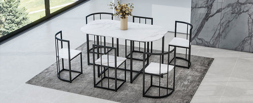 Modern 7-Piece Dining Table Set with Faux Marble Compact 55Inch