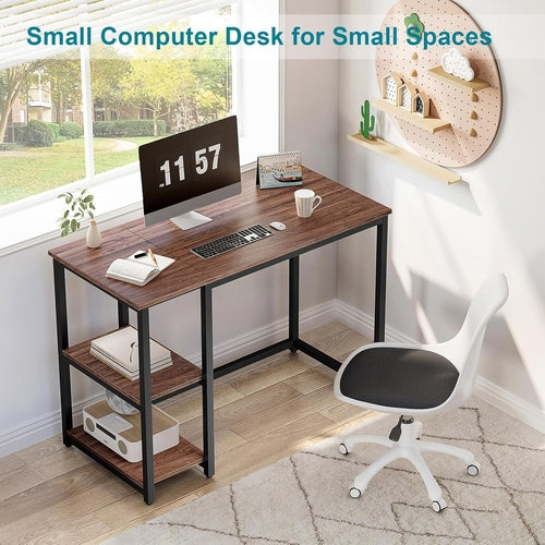 40 Inch Computer Desk With 2 Shelves Brown Sturdy Home Office Gaming