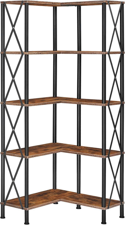 Corner Bookshelf 5-Tier L-Shaped Industrial Bookcase In Rustic Brown