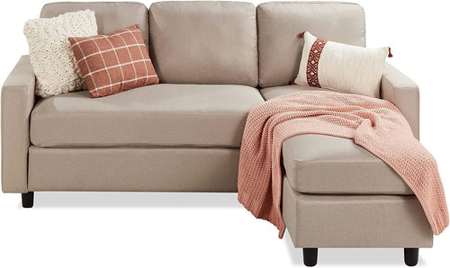 Compact Beige Linen Sectional Sofa With Chaise And Reversible Ottoman