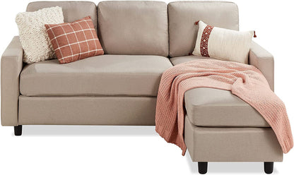 Compact Beige Linen Sectional Sofa With Chaise And Reversible Ottoman