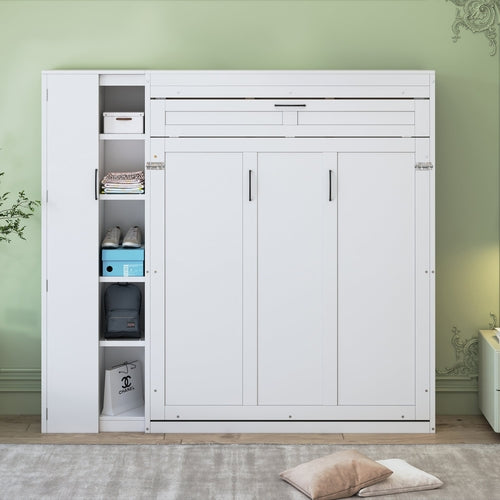 Queen Size Murphy Bed Wall Bed with Shelves, Wardrobe and LED Lights