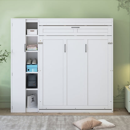 Queen Size Murphy Bed Wall Bed with Shelves, Wardrobe and LED Lights