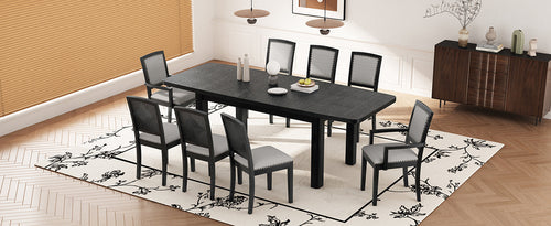 Rustic Extendable Dining Table Set with Removable Leaf, 6 Upholstered