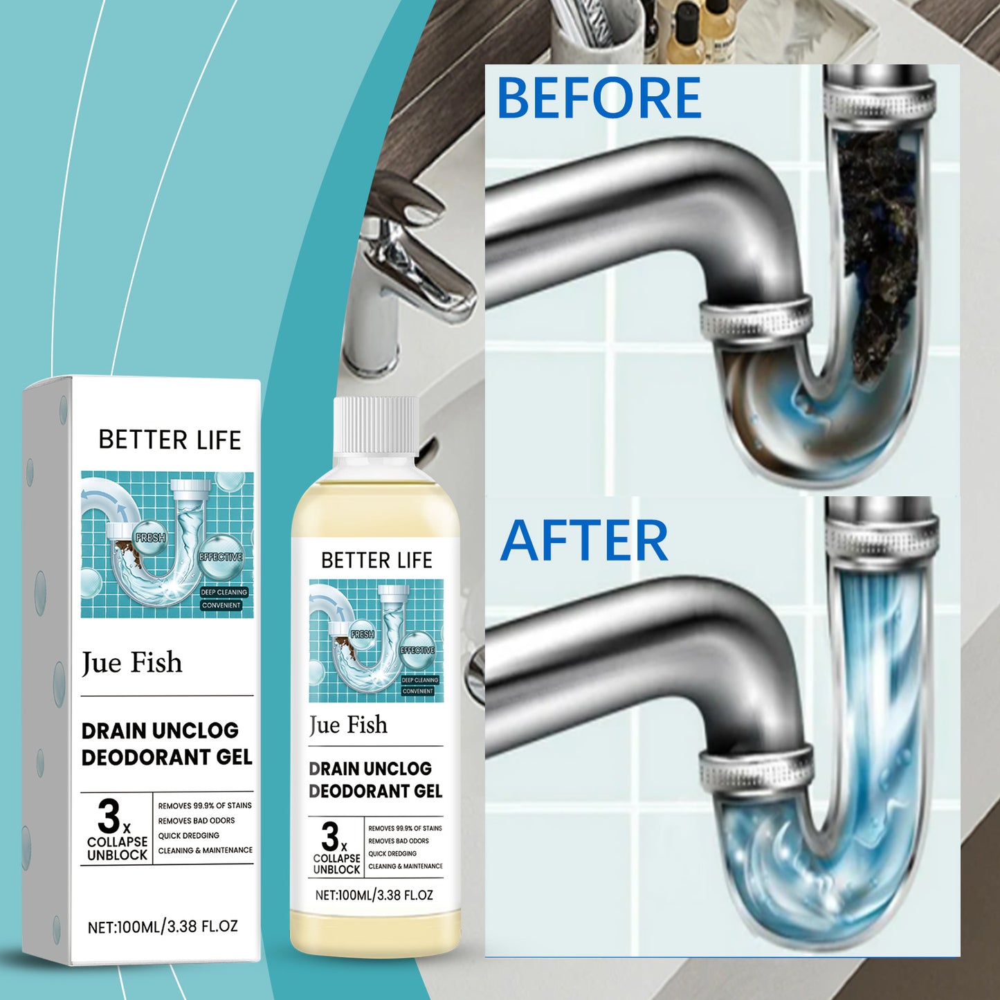 Drain Unclog Deodorant Gel, Kitchen And Bathroom Sewer Lines Clean And Decontaminate To Remove Odor