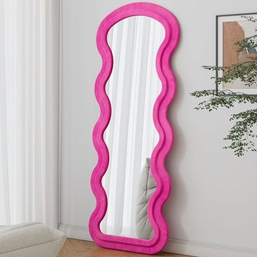 Rose Pink Wavy Full Length Floor Mirror with Flannel Wrapped Frame,