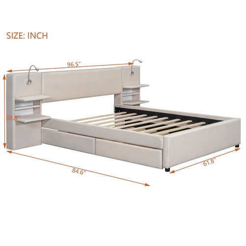 Queen Size Upholstered Platform Bed with Reading Lights, Drawers,