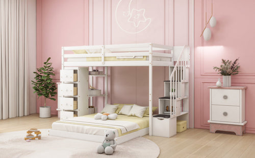 Twin Over Full Bunk Bed with 3-layer Shelves, Drawers and Storage