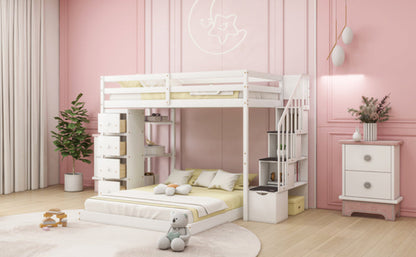 Twin Over Full Bunk Bed with 3-layer Shelves, Drawers and Storage