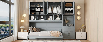 Twin Size Murphy Bed Wall Bed with Closet , Drawers & Desk-Gray