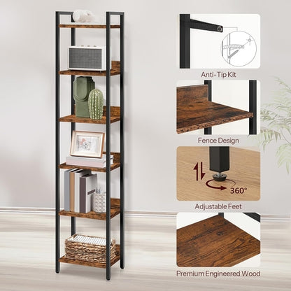 Six Tier Standing Bookcase In Rustic Brown And Black For Small Spaces