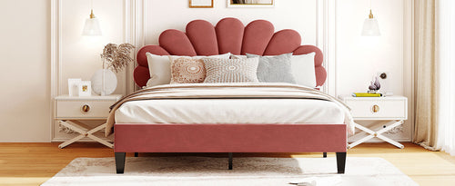 Upholstered Platform Bed with Flower Pattern Velvet Headboard