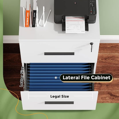 2 Drawer White Wood Lateral File Cabinet With Lock For Office Or Home