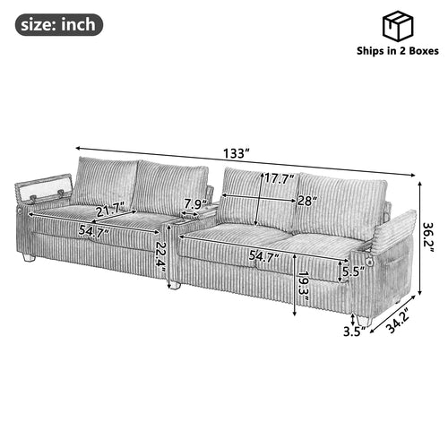 Modern 4-Seater Corduroy Sofa Couch with USB Ports, Hidden Storage and