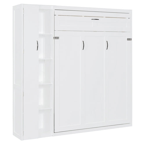 Queen Size Murphy Bed Wall Bed with Shelves, Wardrobe and LED Lights