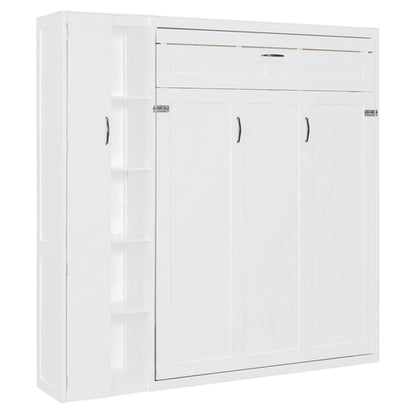 Queen Size Murphy Bed Wall Bed with Shelves, Wardrobe and LED Lights