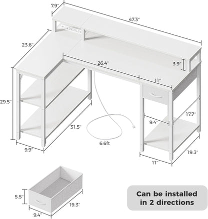 47 Inch White L Shaped Desk With LED Power Drawer Unit