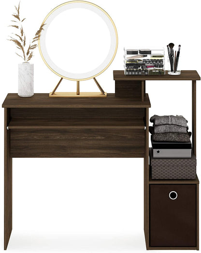 Walnut Compact Desk With Keyboard Tray And Shelves