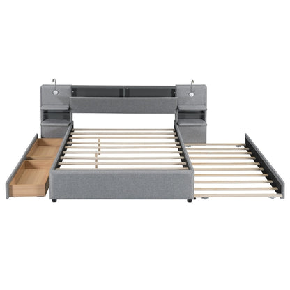 Queen Size Upholstered Platform Bed with Reading Lights, Drawers,