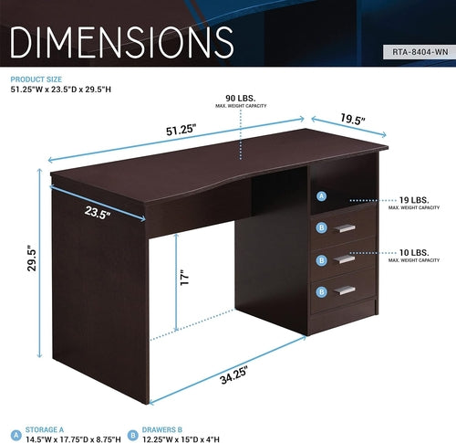 Classic Computer Desk with Multiple Drawers, 29.5" X 23.6" X 51.2",