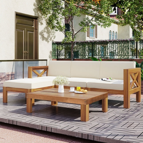 Outdoor Backyard Patio Wood 5-Piece Sectional Sofa Seating Group Set