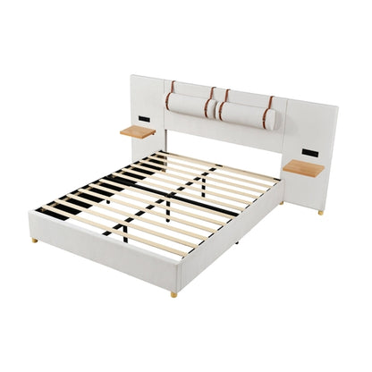 Upholstered Platform Bed with Outlets, USB Ports, Pillows and Storage