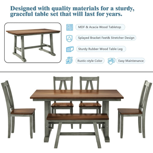 6-Piece Wood Dining Table Set with Long Bench and 4 Dining Chairs,