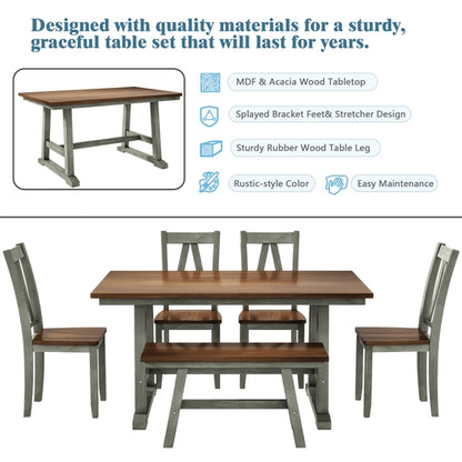 6-Piece Wood Dining Table Set with Long Bench and 4 Dining Chairs,
