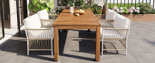 Patio 5pcs Wooden Dining Table Set, Outdoor 67''L Rectangular Table