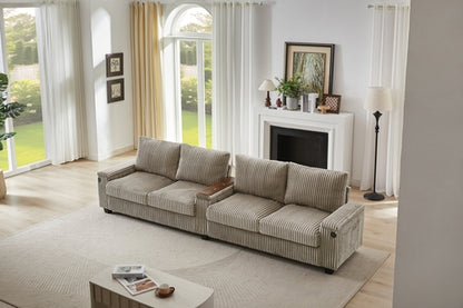 Modern 4-Seater Corduroy Sofa Couch with USB Ports, Hidden Storage and