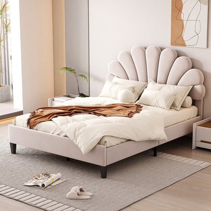 Upholstered Platform Bed with Flower Pattern Velvet Headboard