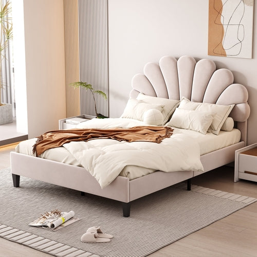 Platform Bed Full Beige and Bean Paste Red Velvet Upholstered with