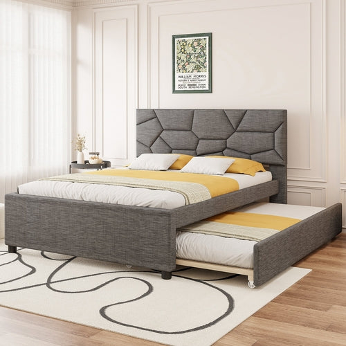 Queen Size Upholstered Platform Bed with Brick Pattern Headboard and