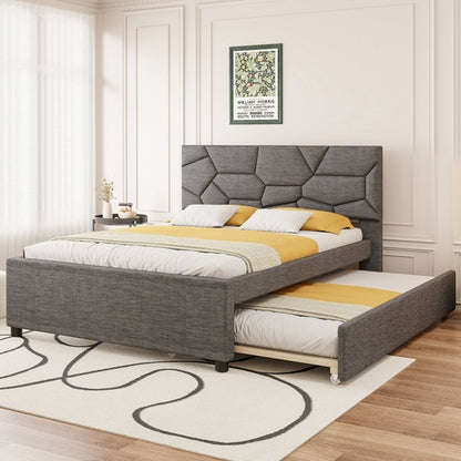 Queen Size Upholstered Platform Bed with Brick Pattern Headboard and