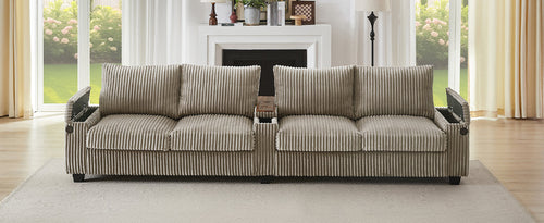Modern 4-Seater Corduroy Sofa Couch with USB Ports, Hidden Storage and